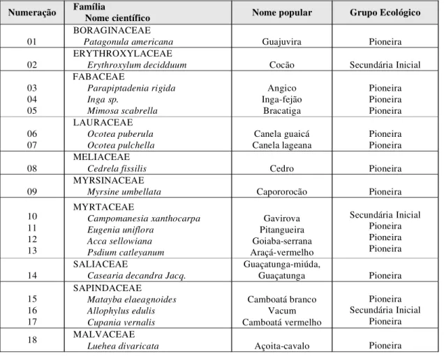 Tabela 3 - Lista das espécies florestais utilizadas para o plantio da APP da PCH Arvoredo.