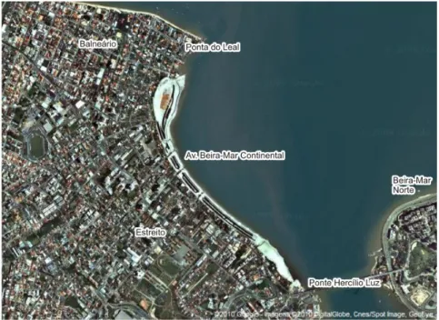 Figura  2  –  Imagem  de  satélite  da  avenida  Beira-Mar  Continental  (indicações  dos  nomes  aplicados  pela  autora)