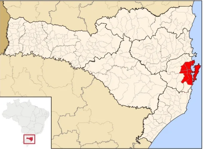 Figura 7 – Mapa de Santa Catarina, em vermelho a região Metropolitana de Florianópolis