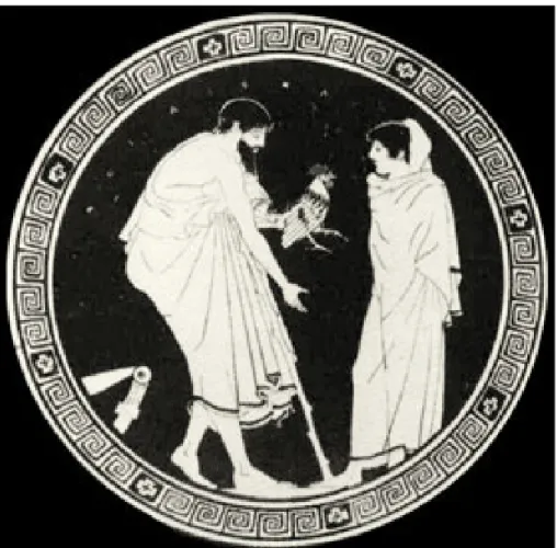Figura 1 – O Galo: homem corteja jovem presenteando-o com um galo de briga. Ashmolean Museum,  Oxford, Inglaterra