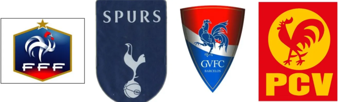 Figura 5 – Respectivamente, os escudos da Federação Francesa de Futebol, Tottenham Hotspur, Gil  Vicente Futebol Clube e o símbolo do Partido Comunista Venezuelano