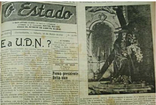 Figura 1: Recorte de reportagem sobre a Procissão e fotografia do Senhor dos Passos em Florianópolis/SC  Fonte: Jornal O Estado de 10 mar de 1951, p