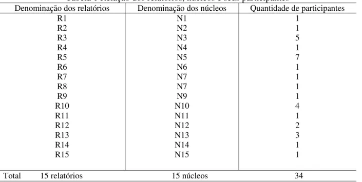Tabela 1 Relação dos relatórios, núcleos e seus participantes 