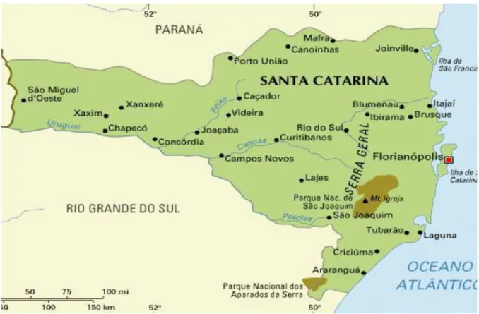 Ilustração 1: Mapa atual de Santa Catarina, onde estão registradas as cidades médias e  as  de  maior  porte  geográfico  e  econômico