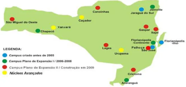 Figura 3 – Distribuição geográfica dos campus e núcleos avançados do IF – SC segundo plano de  desenvolvimento institucional (PDI) 