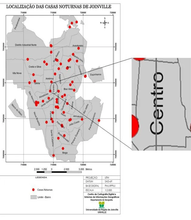 Figura 4: O mapa foi gerado a partir de documentações como o Projeto Converso do CTA – Centro  de  Testagem  e  Aconselhamento  –   do  Projeto  de  Recadastramento  Imobiliário  da  Prefeitura  Municipal  de  Joinville  e  do  Caderno  Relax  do  jornal  