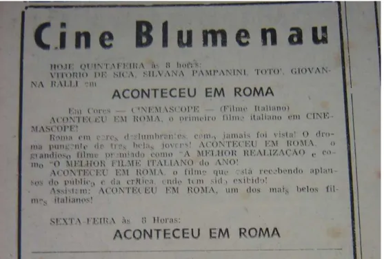 Figura 03 – Anúncio do filme italiano, em cores, Aconteceu em Roma, exibido no Cine Blumenau 