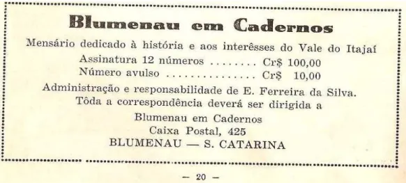 Figura 06 – Informações sobre assinatura da Revista Blumenau em Cadernos  Fonte: Blumenau em Cadernos, tomo I, n