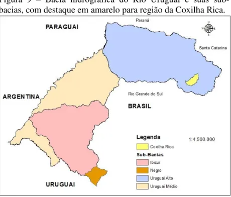 Figura  9  –   Bacia  hidrográfica  do  Rio  Uruguai  e  suas  sub- sub-bacias, com destaque em amarelo para região da Coxilha Rica