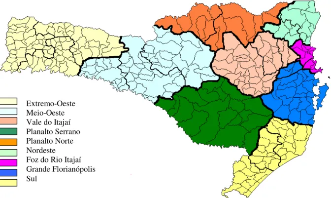 Figura 6 - Mapa das macrorregiões de saúde de Santa Catarina   Fonte: PDR- 2008 – SES/SC, 2008