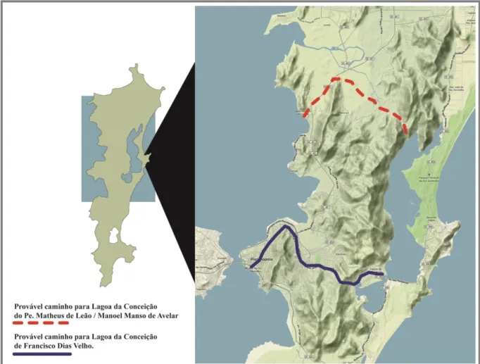 Figura da Ilha de Santa Catarina, com os dois supostos trajetos históricos de acesso à lagoa (Fonte: Arte a  partir de imagem do Google Maps, 2014)