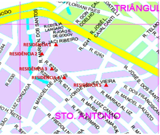 Figura 2 - Localização das residências no bairro Santo Antônio, da cidade de Lages, onde foram coletados                    culicídeos, no período de março de 2006 a agosto de 2008 (SEPLAN, 2005)