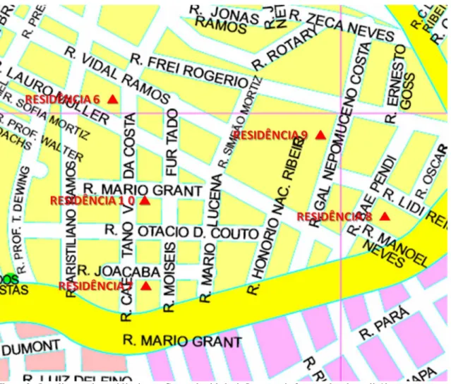 Figura 3-  Localização das residências no Centro da cidade de Lages onde foram coletados culicídeos, no                   período de março de 2006 a agosto de 2008 (SEPLAN, 2005)