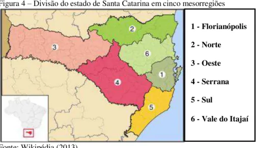 Figura 4 – Divisão do estado de Santa Catarina em cinco mesorregiões 