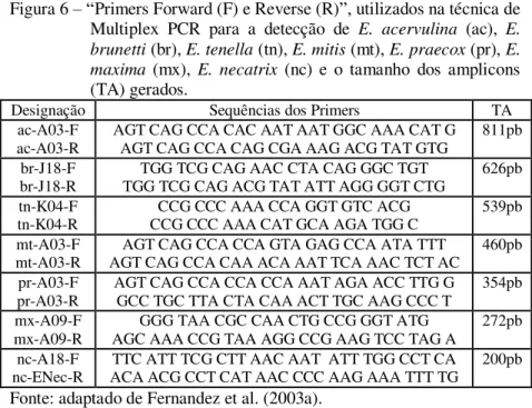 Figura 6 – “Primers Forward (F) e Reverse (R)”, utilizados na técnica de  Multiplex  PCR  para  a  detecção  de  E