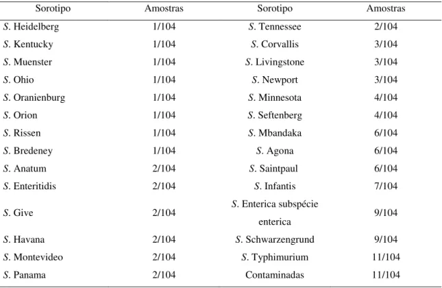 Tabela  3  –  Sorotipos  de  Salmonella  sp.  identificados  através  da  técnica  de  sorotipificação  realizada  pelo  laboratório FIOCRUZ