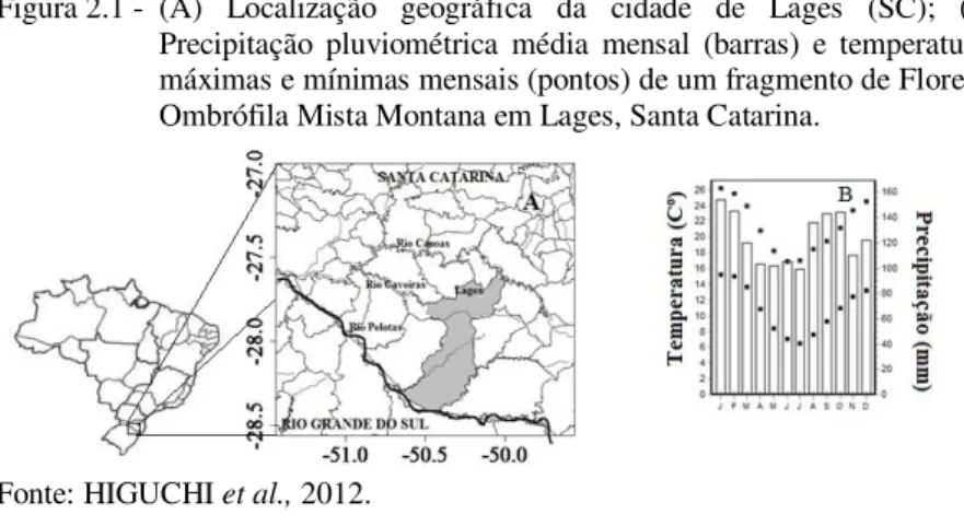 Figura 2.1 -  (A)  Localização  geográfica  da  cidade  de  Lages  (SC);  (B)  Precipitação  pluviométrica  média  mensal  (barras)  e  temperaturas  máximas e mínimas mensais (pontos) de um fragmento de Floresta  Ombrófila Mista Montana em Lages, Santa Ca