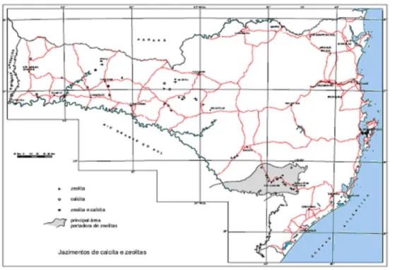 Figura 02 - Principais áreas portadoras de zeólitas de Santa Catarina. 