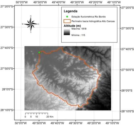 Figura 6 - Perímetro da bacia hidrográfica do Alto Canoas definida a partir da  estação fluviométrica Rio Bonito sobre o recorte do modelo digital de elevação 