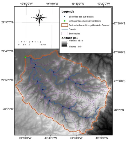 Figura 7 - Divisão da bacia hidrográfica do Alto Canoas em sub-bacias e seus  exutórios, bem como os canais gerados pelo modelo SWAT