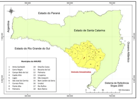 Figura  1  -  Localização  dos  municípios  da  AMURES  e  dos  imóveis  amostrados. 