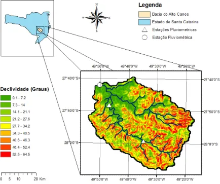 Figura 12 - Localização da bacia hidrográfica do Alto Canoas e o mapa de  declividades 