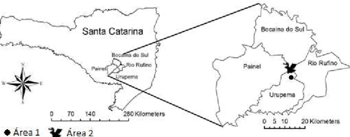 Figura 1.   Localização das áreas de estudo em Floresta Ombrófila Mista Altomontana, SC : área 1- com presença  de  gado,  Propriedade  particular,  Urupema  (SC);  área  2  –   unidade  de  conservação,  Fazenda  das  Nascentes entre os municípios de Pain