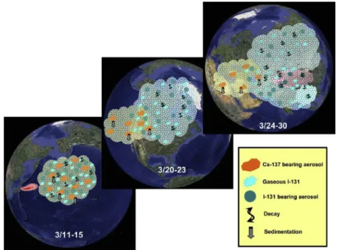 Fig. 3. A conceptual model for the transport of Fukushima-derived radioactive clouds, focusing at the mid-latitudes of the northern hemisphere (Hsu et al., 2012).