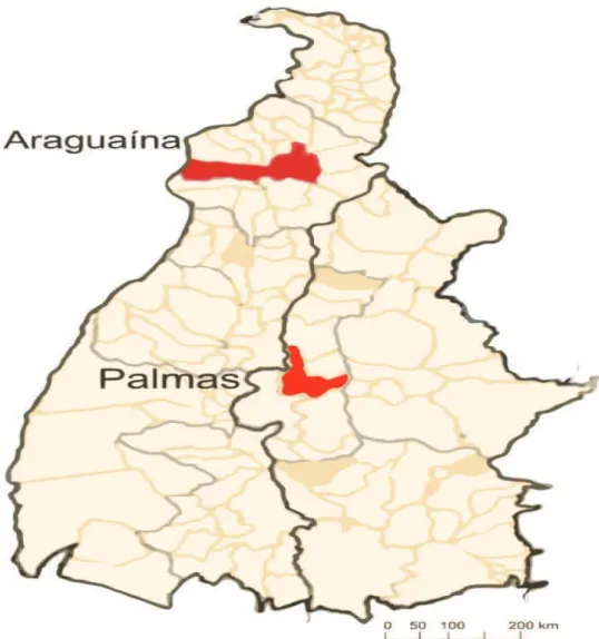 Figura  5.  Mapa  do  Estado  do  Tocantins,  focando  as  unidades  de  análise,  Araguaína  e  Palmas,  Tocantins, Brasil