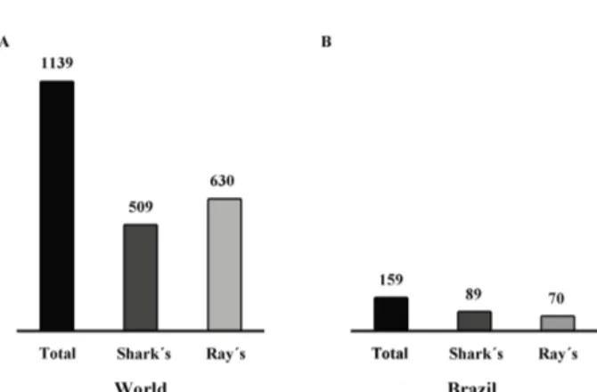 Figure 2. Conservation status of the Brazilian  elasmobranch species (Rosa and Gadig, 2014)  ac-cording to (A) IUCN and (B) ICMBio (ordinance  number 445 of December 17 2014)