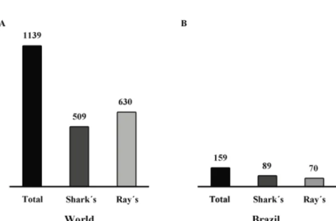 Figure 2. Conservation status of the Brazilian  elasmobranch species (Rosa and Gadig, 2014)  ac-cording to (A) IUCN and (B) ICMBio (ordinance  number 445 of December 17 2014)