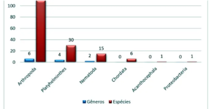 Figura 3. Número de gêneros e espécies descritos por  pesquisadores do IOC de 2006 a 2015, organizados por  filos.