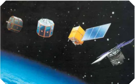 Figura 1: Satélites desenvolvidos pelo Brasil. Da esquerda para a direita: o  SCD-1, o SCD-2, o CBERS-1 e o Saci-1 (satélite cientí ﬁ  co cujo lançamento  não foi bem-sucedido)