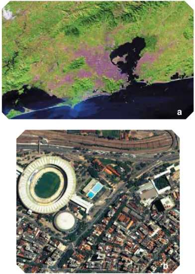 Figura 7: Imagens dos satélites norte-americanos: Landsat-5 (a), na qual  se podem observar a mancha urbana do Rio de Janeiro (rosa-escuro) e a  região de entorno; e QuickBird (b), que representa apenas um setor dessa  cidade, mas com detalhes como o estád