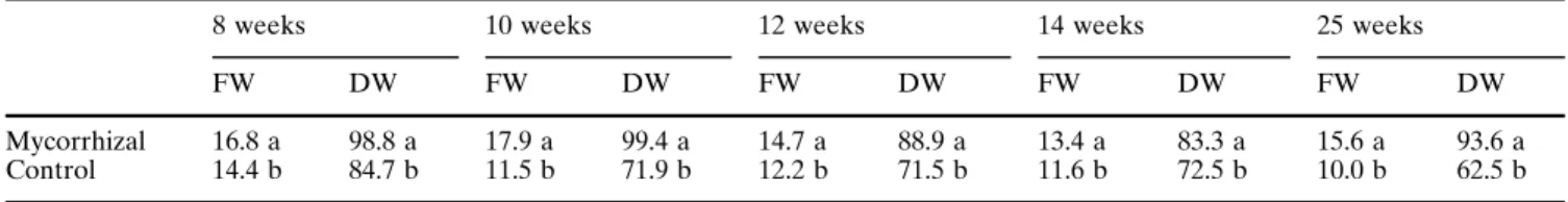 Table 4 Protein content (mg/g) per fresh weight (FW) and per dry weight (DW) of leaves of mycorrhizal and control plants