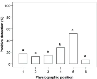 Fig. 3. Positive detection of Phytophthora (%) by C. sativa considering physiographic  position (Kruskal-Wallis test followed by multiple comparisons of means ranks)