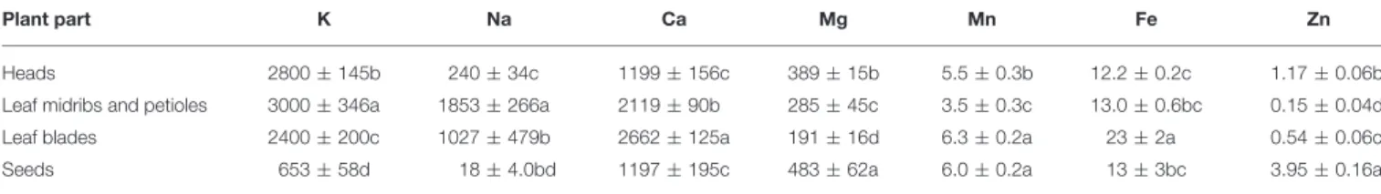 TABLE 3 | Mineral composition of cardoon heads, leaf midribs and petioles, leaf blades, and seeds (mg 100 g −1 dw; mean values ± SD, n = 3).