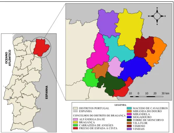 Figura 5 - Área de estudo: O Distrito de Bragança, NE Portugal e seus municípios 