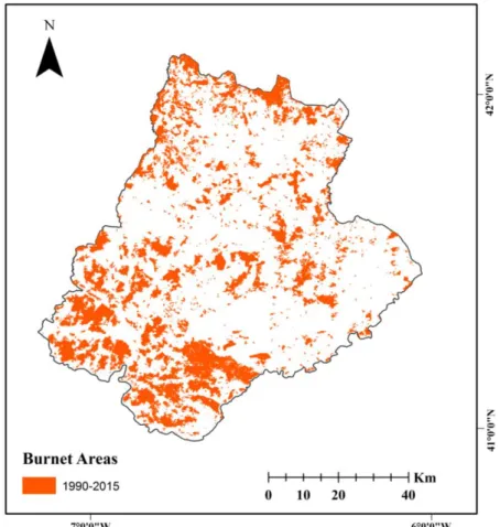 Figura 6 - Áreas ardidas nos últimos 26 anos no Distrito de Bragança  Fonte: Adaptado de Portal online ICNF (2017).