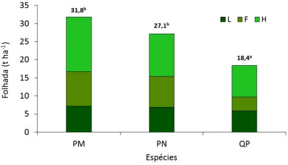 Figura 12 - Quantidade total de folhada para as espécies PM, PN e QP 