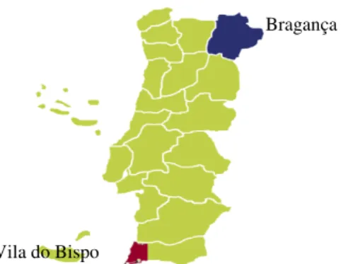Figura 11 - Mapa de Portugal e localização da origem das amostras de própolis 