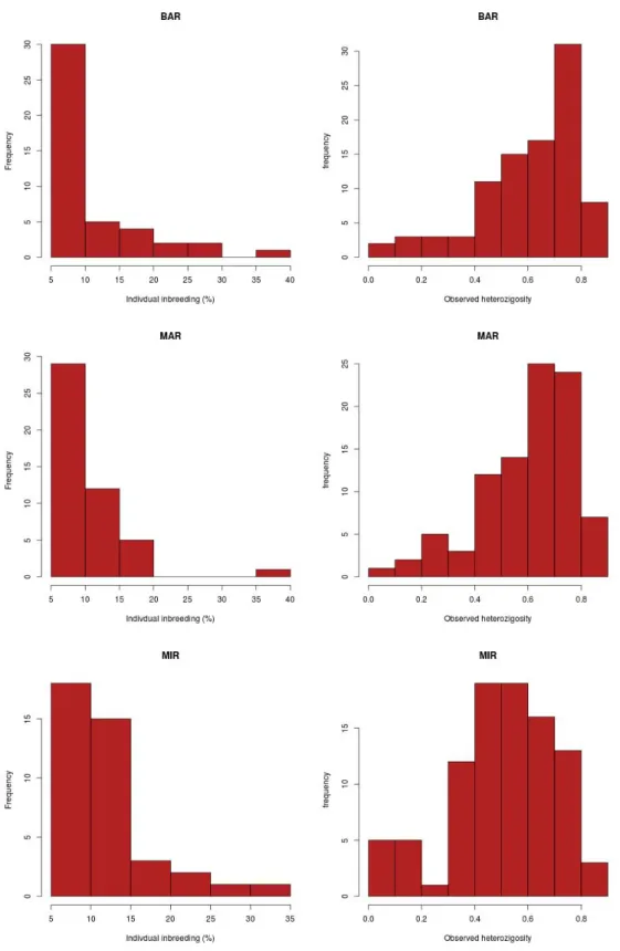 Figure 2.4: Frequency distributions of the individual inbreeding coeﬃcient and het- het-erozigosity for three cattle breeds