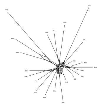 Figure 3.1: Rede ﬁlogenética construída com base na distância genética de Nei (1987) e desenhada com o software SPLITSTREE4 (Huson and Bryant, 2006)
