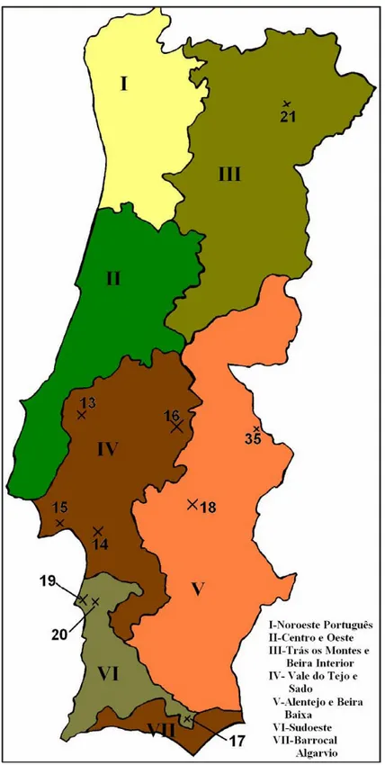 Figura  2.4:  Regiões  de  proveniência  da  Quercus  suber  L. e  localização  dos  povoamentos  portugueses amostrados assinalados segundo o código nacional utilizado