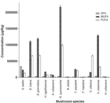 Fig. 3. Dendogram of edible mushroom species with fatty acids contents. 1–5 correspond to different grouping species.