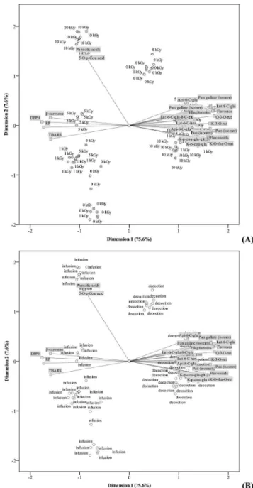 Fig. 4 Biplot of object scores (gamma-irradiation doses) and component loadings (evaluated parameters) using gamma-irradiation (A) and preparation method (B) as labelling variables for freeze-dried samples.
