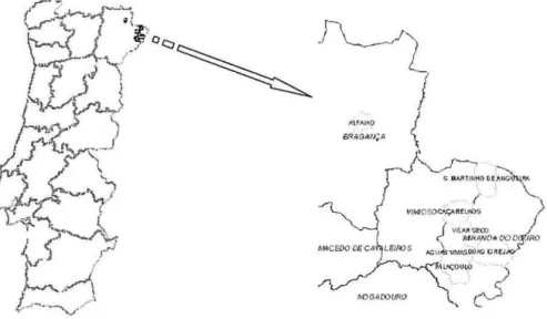 Figura  I.  Localização geográfica  da zona de estudo. As  zonas sombreadas estão  identificadas as freguesias onde se  localizam os lameiros em estudo