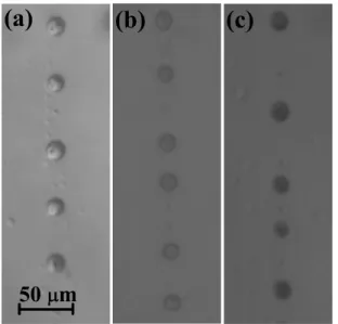 Figure 7.   Droplets of PDMS (10:1) pigment-dyed precursor  travelling through the glass capillary in the moment of their  production: (a) 3 wt% of white pigment (paste of FINE WHITE  7006, Eastern Chemicals), (b) 3 wt% of red pigment for silicone  (paste 
