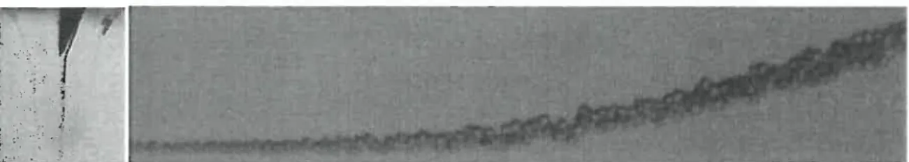 Fig. 1. (Left) Precursor jet ofPDMS particles.  (Right) Stream  of droplets,  about 5 microns  in diameter, behind the nozzle.