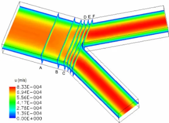 Fig. 8 Velocity field for the middle plane (25  m height)  of  the  rectangular  microchannel  and  planes  x  =  const